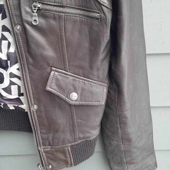 DKNY Brown Leather Bomber Jacket size Small - Picture 3 of 11